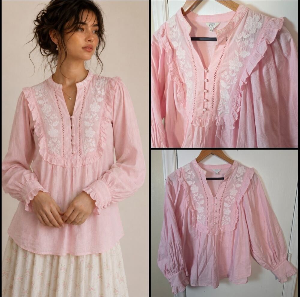 Women's Edwardian Embroidered Cotton Ruffle Shirt Sz M Prairie Victorian Cottage